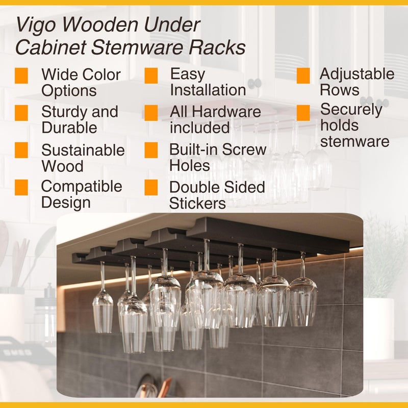 Rustic State Vigo 4 Sectional Adjustable Under Cabinet Mount Wood Stemware Rack Hanging Shelf Glassware Holder Bar Organizer with up to 12 Wine Glass Storage 12 Inch Deep Black - Image 3